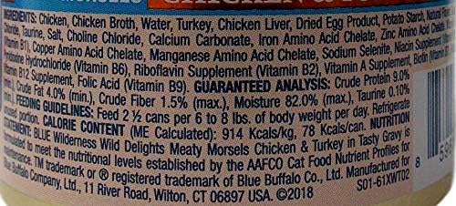 Blue Buffalo Wilderness Wild Delights Grain Free Natural Meaty Morsels Alimento para gatos, 3 sabores 6 latas de muestra con paquete de juguete, (2) cada uno: pollo Turquía, pollo salmón y pollo trucha (3 onzas)