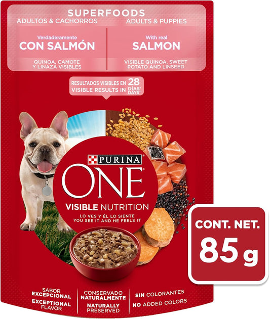 Purina One Adulto y Cachorro Todos los Tamaños Super Alimento Sabor Salmón 24pack de 85g