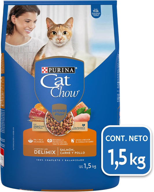 Purina Cat Chow Adulto Delimix Todos los Tamaños Sabor Salmón, Carne y Pollo 1.5Kg
