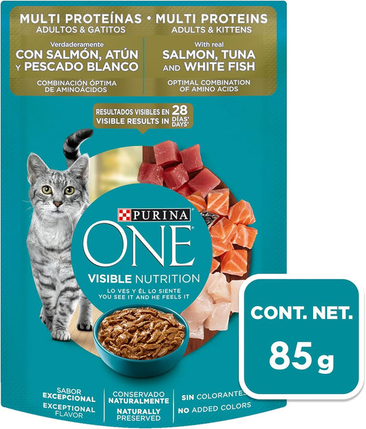 Purina One Gato Adulto Todos los Tamaños Multi Proteinas Sabor Salmón, Atún y Pescado 24pack de 85g