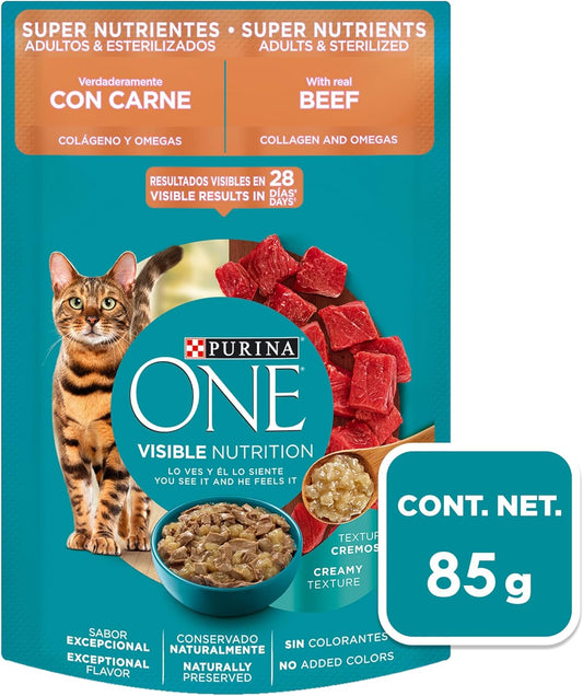 Purina One Gato Adulto Todos los Tamaños Super Nutrientes Sabor Carne 24pack de 85g