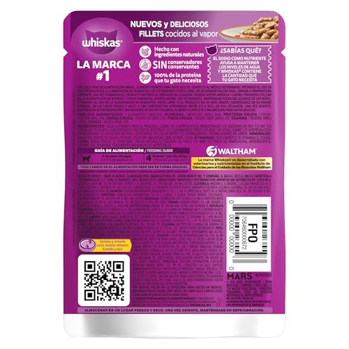 WHISKAS - Alimento Húmedo para Gatos, Sabor Salmón, con Ingredientes Naturales, Calcio, Minerales, Vitamina A y Taurina, 24 Sobres, 85g c/u.