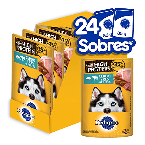 Pedigree - High Protein Alimento para Perro Adulto, 24 Sobres, Sabor Cerdo y Res, 85g c/u, con Proteína, Antioxidantes y Vitamina E