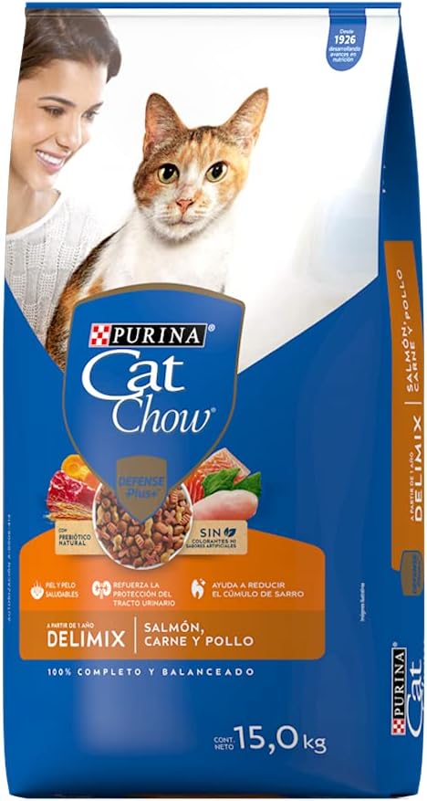 Purina Cat Chow Adulto Delimix Todos los Tamaños Sabor Salmón, Carne y Pollo 15Kg