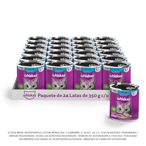 WHISKAS - Alimento para Gato Adulto en Lata, Sabor Atún, Vitamina A y Taurina, Paquete de 24 Piezas, 350g c/u,