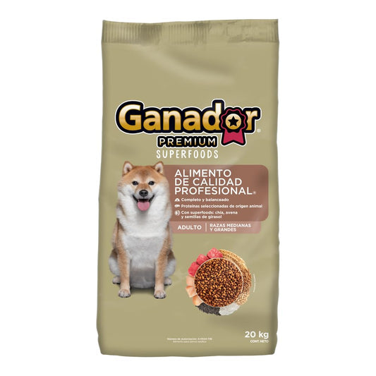 Ganador Premium Superfoods 20kg, Alimento para Perros Adultos de Razas Medianas y Grandes.