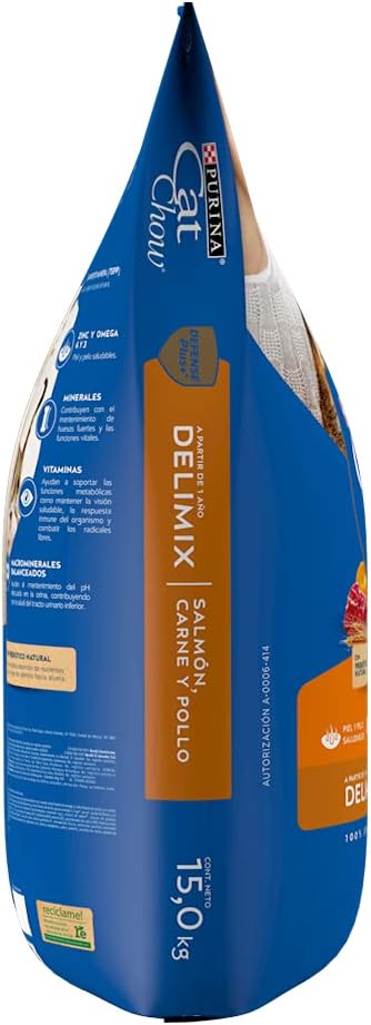 Purina Cat Chow Adulto Delimix Todos los Tamaños Sabor Salmón, Carne y Pollo 15Kg