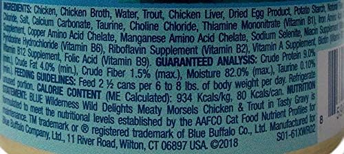 Blue Buffalo Wilderness Wild Delights Grain Free Natural Meaty Morsels Alimento para gatos, 3 sabores 6 latas de muestra con paquete de juguete, (2) cada uno: pollo Turquía, pollo salmón y pollo trucha (3 onzas)