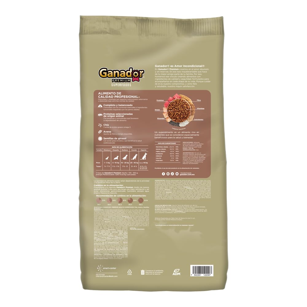 Ganador Premium Superfoods 20kg, Alimento para Perros Adultos de Razas Medianas y Grandes.