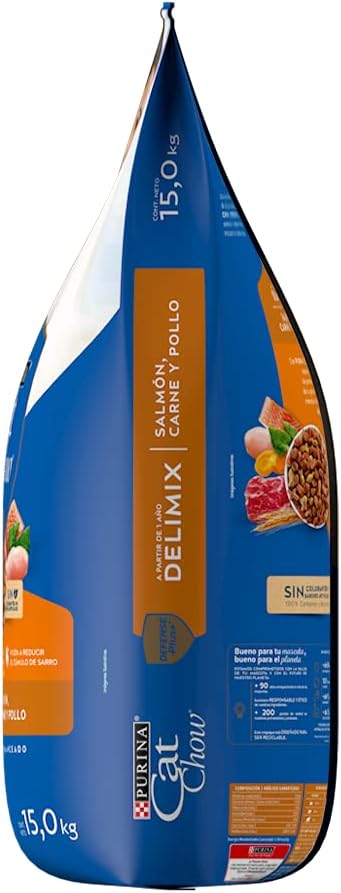 Purina Cat Chow Adulto Delimix Todos los Tamaños Sabor Salmón, Carne y Pollo 15Kg