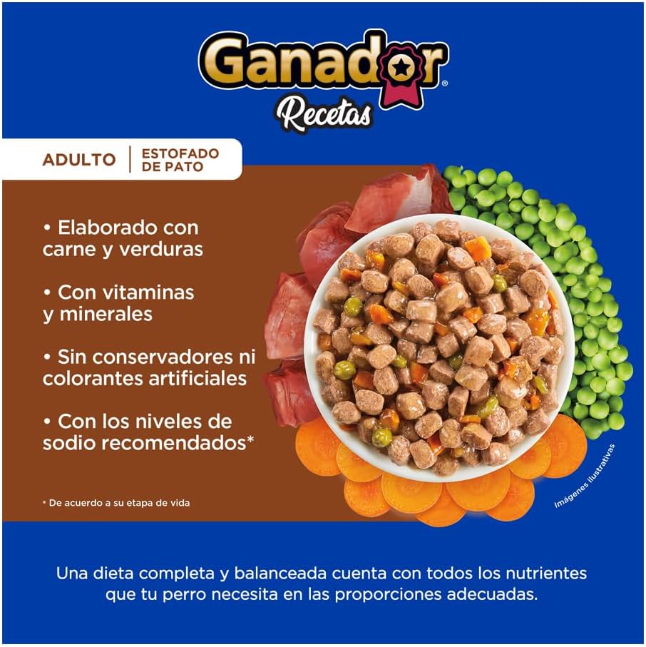 Ganador Recetas Estofado de Pato para Perros Adultos de Todas Las Razas, Azul, Paquete con 22 Piezas de 100 g c/u