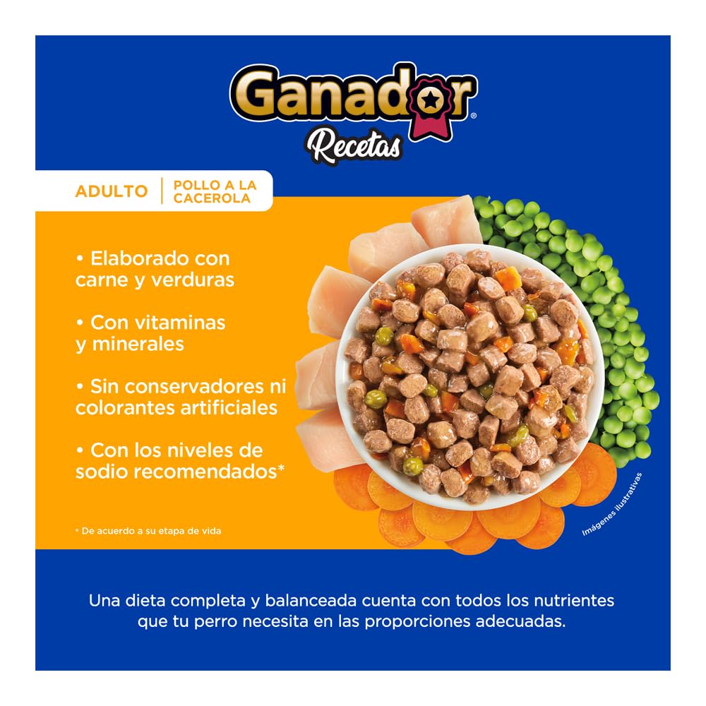 Ganador Recetas Pollo a la Cacerola para perros adultos de todas las razas. Paquete con 22 piezas de 100 g c/u.