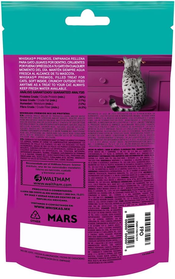 WHISKAS - Premios para Gato, Sabor Mix de Proteína, Suaves y Crujientes, Vitaminas y Minerales, Pack de 12, 60gr c/u