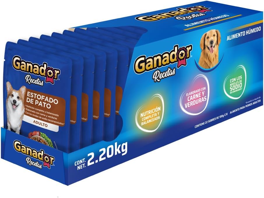 Ganador Recetas Estofado de Pato para Perros Adultos de Todas Las Razas, Azul, Paquete con 22 Piezas de 100 g c/u