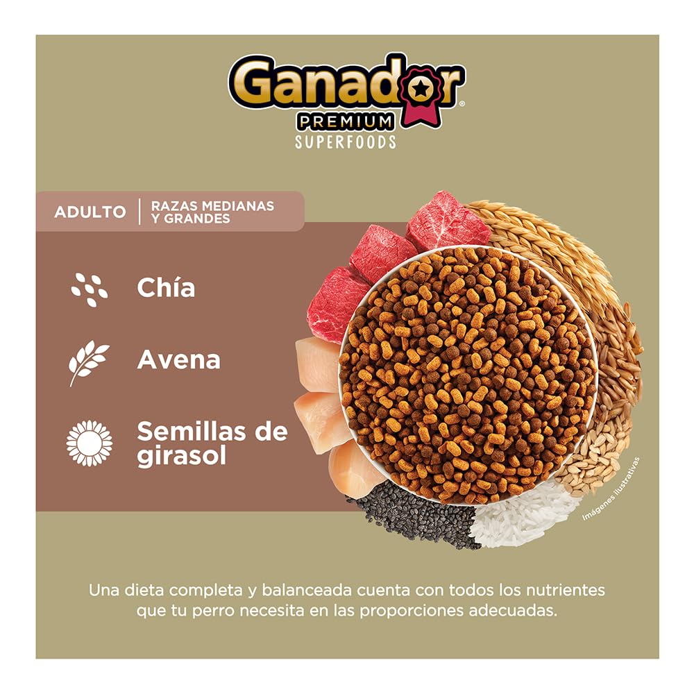 Ganador Premium Superfoods 20kg, Alimento para Perros Adultos de Razas Medianas y Grandes.