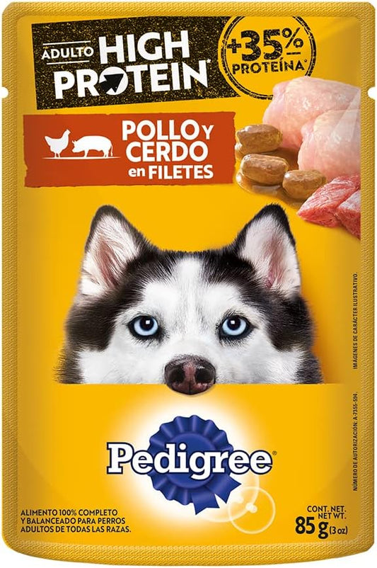 Pedigree - Sobres para Perro High Protein, Adultos Sabor Pollo y Cerdo, Omega 6, Zinc, 24 Sobres 85g c/u