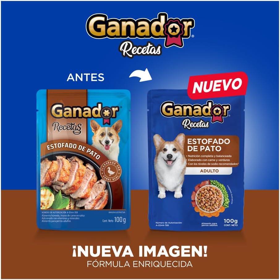 Ganador Recetas Estofado de Pato para Perros Adultos de Todas Las Razas, Azul, Paquete con 22 Piezas de 100 g c/u