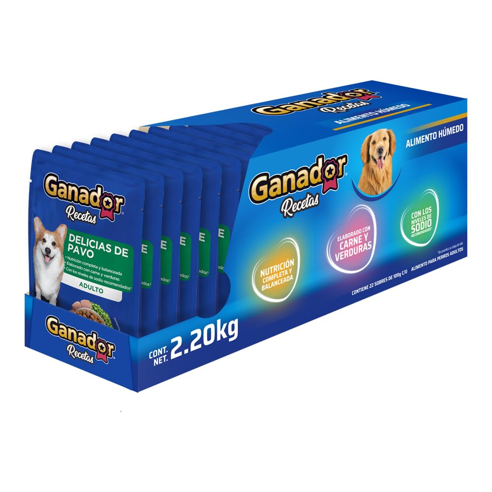 Ganador Recetas Delicias de Pavo para Perros Adultos de Todas Las Razas, Azul, Paquete con 22 Piezas de 100 g c/u