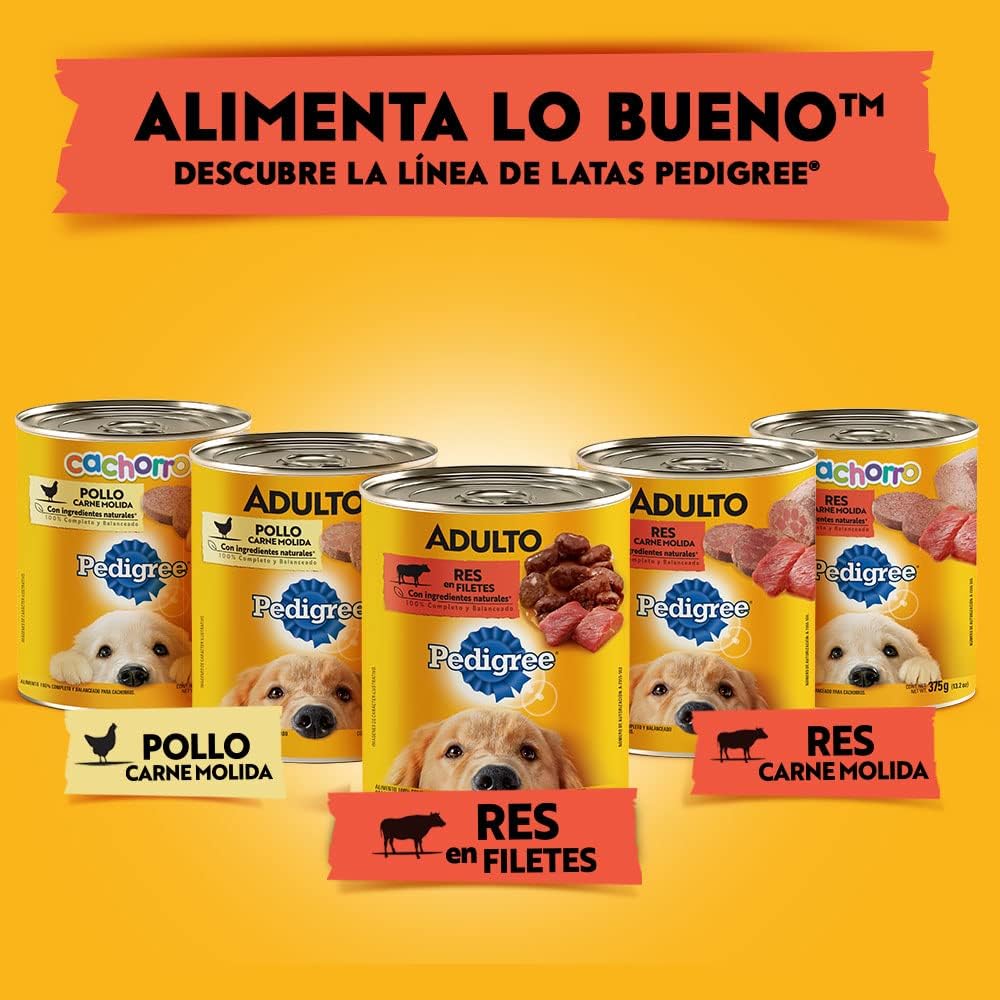 Pedigree Alimento Húmedo para Perros Adultos, Sabor Res Carne Molida 375 Gr, Paquete De 24 Latas