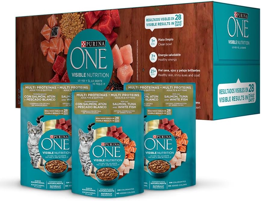 Purina One Gato Adulto Todos los Tamaños Multi Proteinas Sabor Salmón, Atún y Pescado 24pack de 85g
