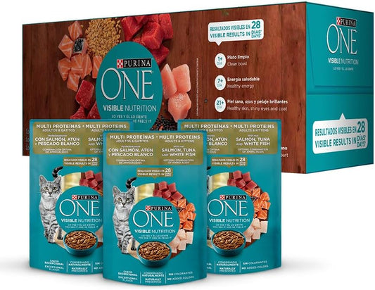 Purina One Gato Adulto Todos los Tamaños Multi Proteinas Sabor Salmón, Atún y Pescado 24pack de 85g