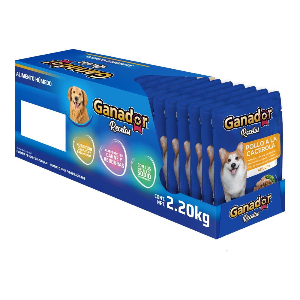Ganador Recetas Pollo a la Cacerola para perros adultos de todas las razas. Paquete con 22 piezas de 100 g c/u.
