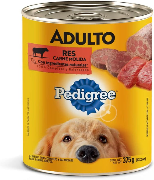 Pedigree Alimento Húmedo para Perros Adultos, Sabor Res Carne Molida 375 Gr, Paquete De 24 Latas