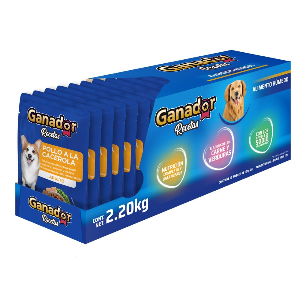 Ganador Recetas Pollo a la Cacerola para perros adultos de todas las razas. Paquete con 22 piezas de 100 g c/u.