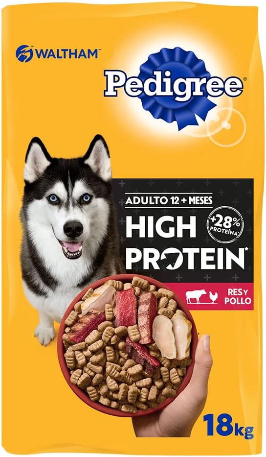 Pedigree - High Protein, Croquetas para Perro Adulto, Sabor Res y Pollo, Alimento Completo para Perro con Alta Proteína, Vitaminas y Omega 6, 18 kg