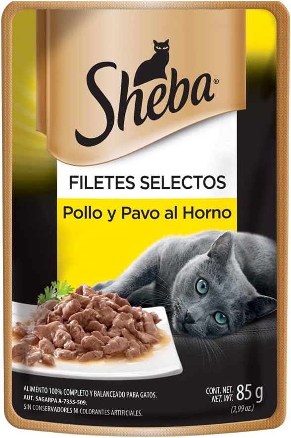 Sheba - Alimento Húmedo para Gatos Adultos, Sabor Pavo y Pollo Al Horno, Paquete de 24 Unidades, 85g c/u.