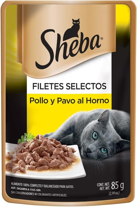 Sheba - Alimento Húmedo para Gatos Adultos, Sabor Pavo y Pollo Al Horno, Paquete de 24 Unidades, 85g c/u.