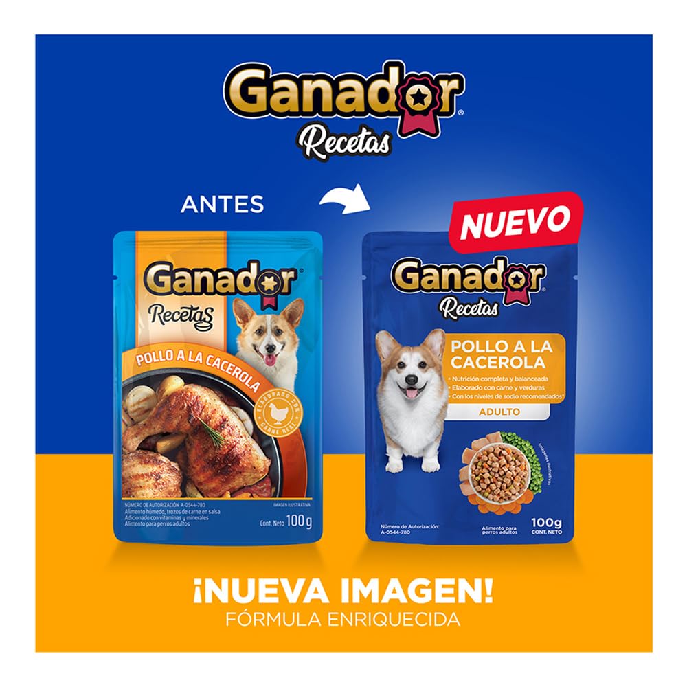 Ganador Recetas Pollo a la Cacerola para perros adultos de todas las razas. Paquete con 22 piezas de 100 g c/u.