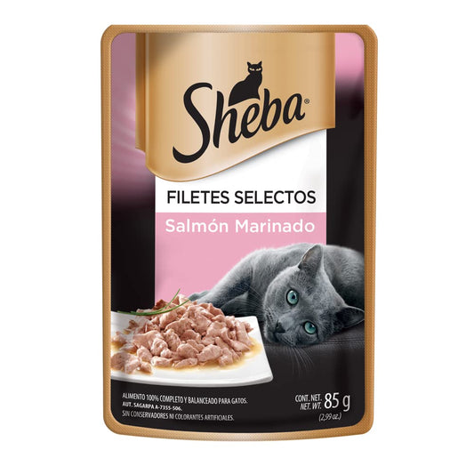 Sheba - Alimento Húmedo para Gato Adulto, Sabor Filetes De Salmón Marinado 85g c/u. Paquete de 24 Unidades, Sin Colorantes ni Sabores Artificiales