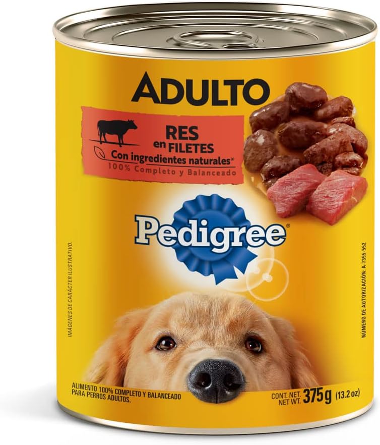 PEDIGREE Alimento para Perros Adultos, Sabor Res En Filetes 375 Gr, Paquete De 24 Latas