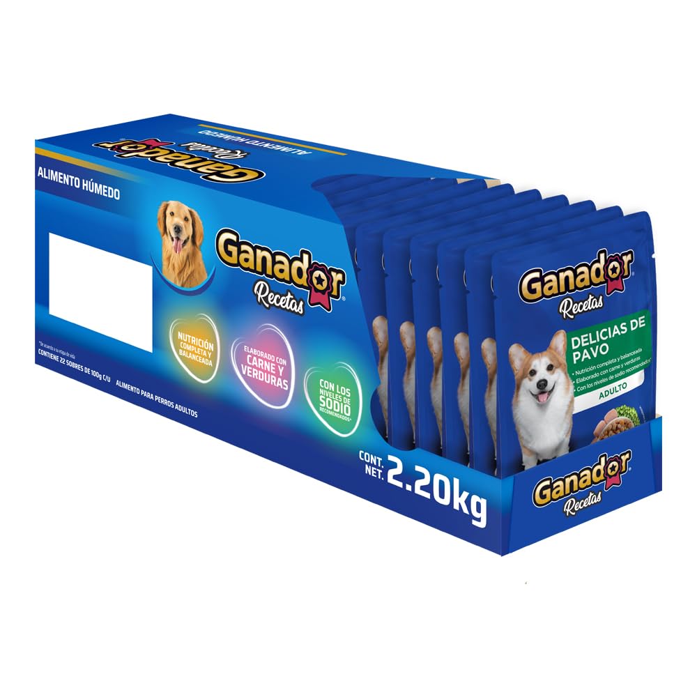 Ganador Recetas Delicias de Pavo para Perros Adultos de Todas Las Razas, Azul, Paquete con 22 Piezas de 100 g c/u