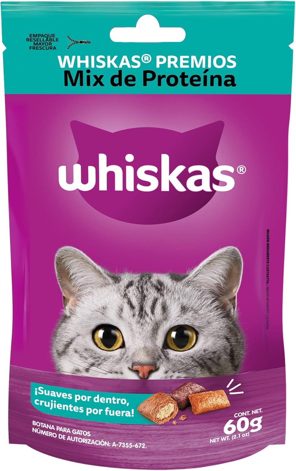 WHISKAS - Premios para Gato, Sabor Mix de Proteína, Suaves y Crujientes, Vitaminas y Minerales, Pack de 12, 60gr c/u