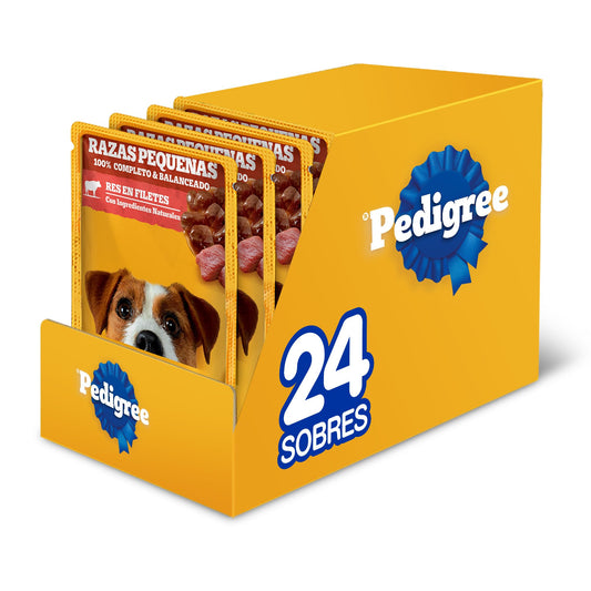 Pedigree - Sobres para Perro, Raza Pequeña, Sabor Res en Filetes, con Ingredientes Naturales, Proteínas y Fibra, 24 Sobres, 100g c/u