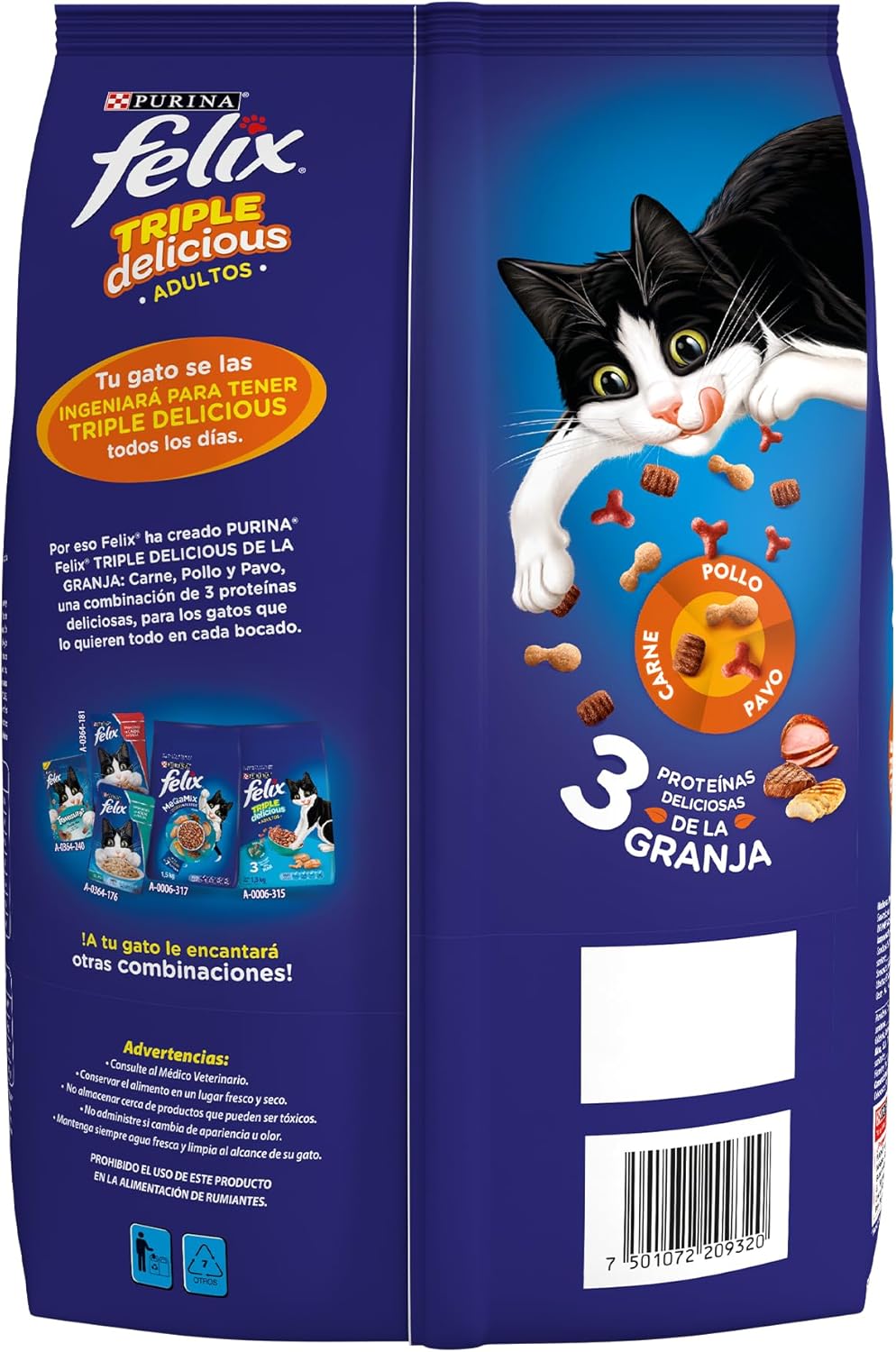 Purina Felix Adulto Todos los Tamaños Triple Delicious Granja Sabor Pollo, Pavo y Carne 1.5Kg