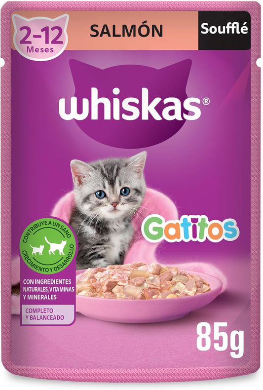 WHISKAS - Alimento Húmedo para Gatitos, Sabor a Soufflé de Salmón, 24 Sobres para Gato, 85 gr., c/u