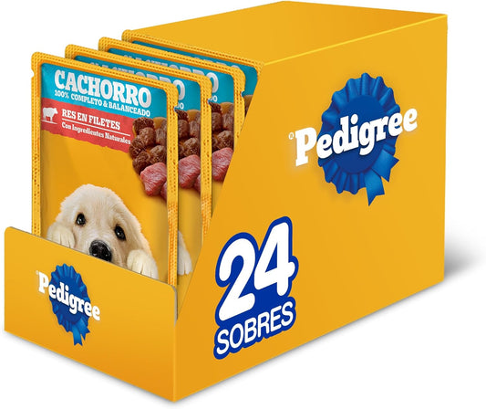 Pedigree - Sobres para Perro Cachorro, Res En Filetes, Nutrición para tu Mascota, Proteínas y Fibras, 24 Sobres