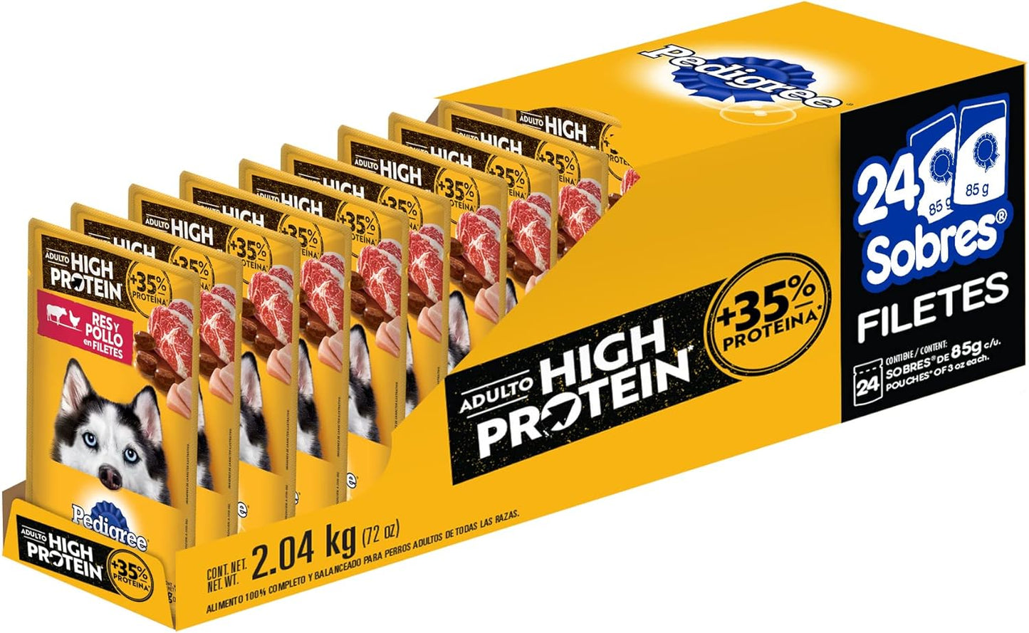Pedigree - High Protein Alimento para Perro Adulto, Sabor Res y Pollo, 24 Sobres, 85g c/u, con Proteína, Antioxidantes y Vitamina E