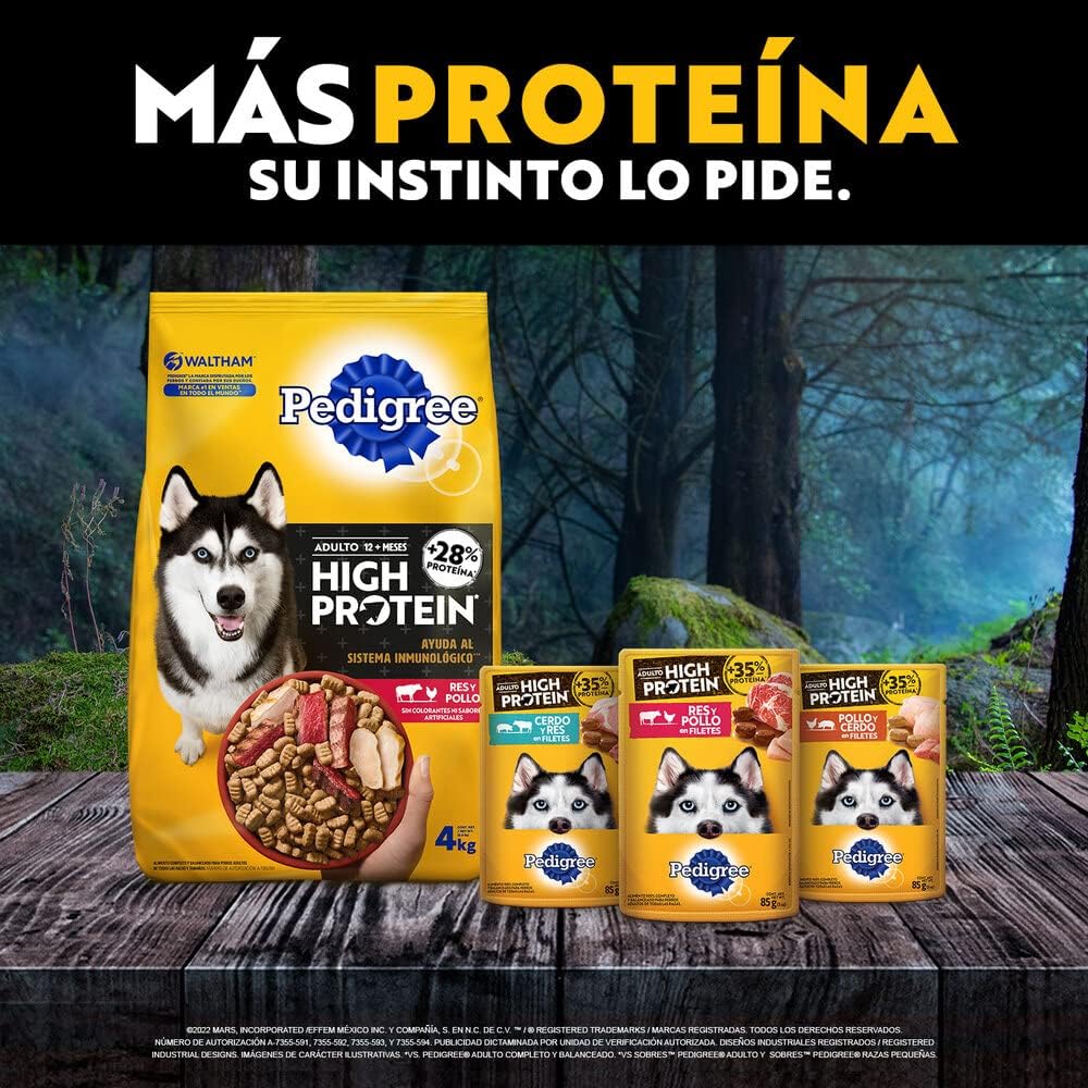 Pedigree - Sobres para Perro High Protein, Adultos Sabor Pollo y Cerdo, Omega 6, Zinc, 24 Sobres 85g c/u