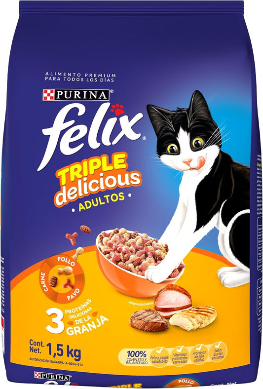 Purina Felix Adulto Todos los Tamaños Triple Delicious Granja Sabor Pollo, Pavo y Carne 1.5Kg