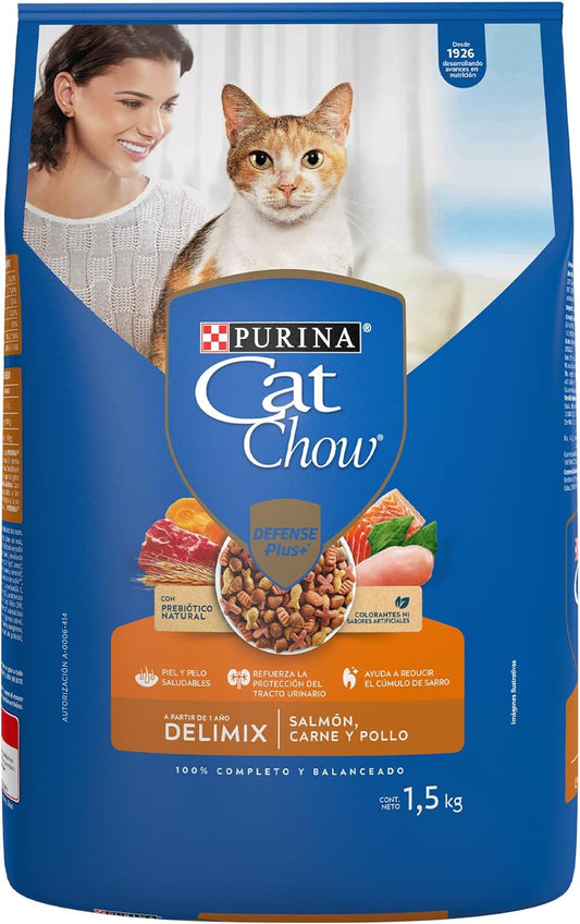 Purina Cat Chow Adulto Delimix Todos los Tamaños Sabor Salmón, Carne y Pollo 1.5Kg