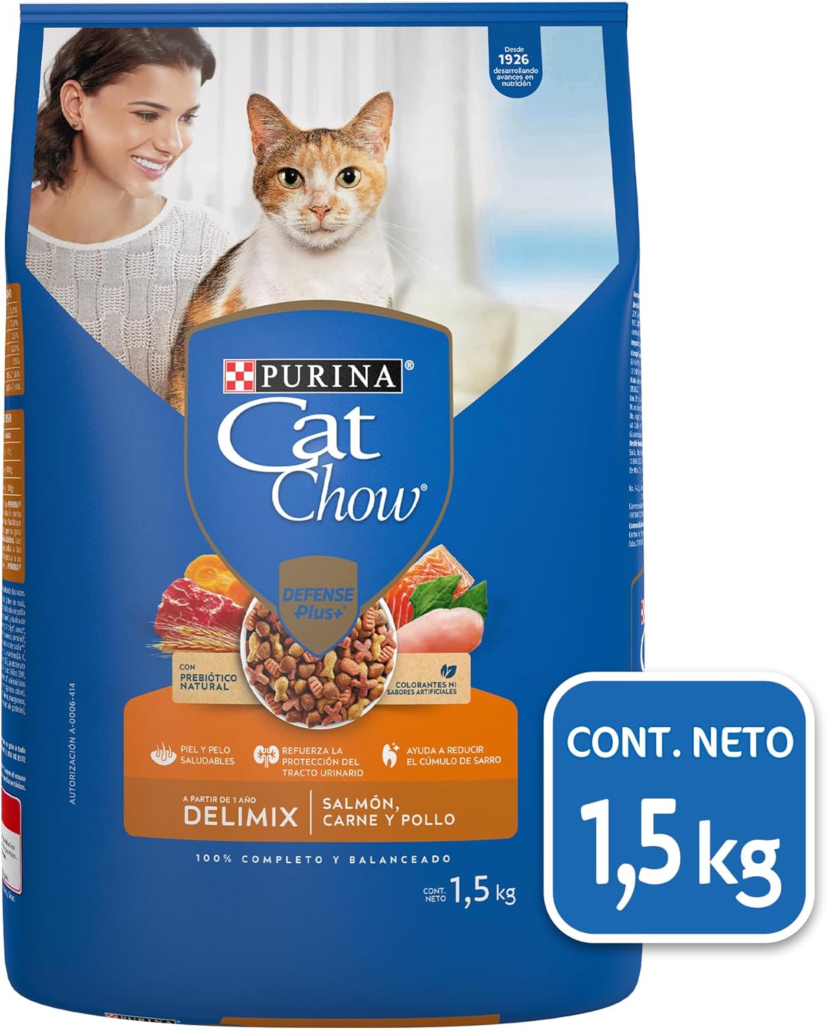 Purina Cat Chow Adulto Delimix Todos los Tamaños Sabor Salmón, Carne y Pollo 1.5Kg