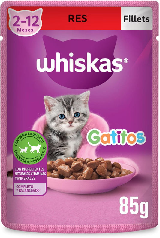 Whiskas Alimento Húmedo para Gatitos, Sabor Res, 85g c/u. Paquete de 24 Unidades