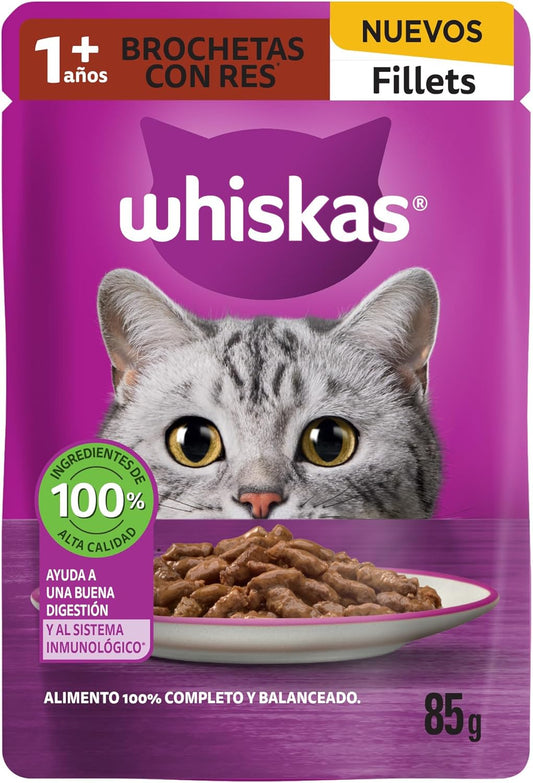 WHISKAS - Alimento Húmedo para Gatos, Sabor Brocheta, con Ingredientes Naturales, Calcio, Minerales, Vitamina A y Taurina, 85g c/u. Paquete de 24 Unidades