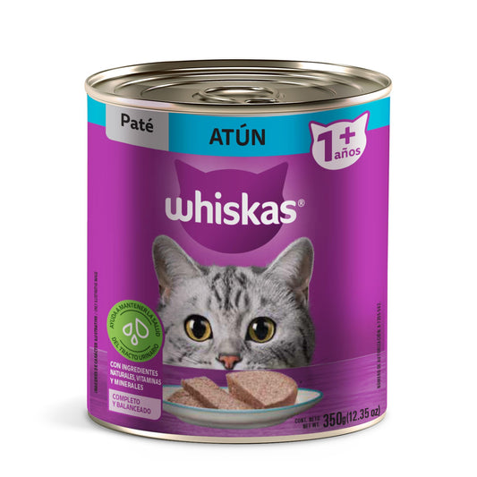 WHISKAS - Alimento para Gato Adulto en Lata, Sabor Atún, Vitamina A y Taurina, Paquete de 24 Piezas, 350g c/u,
