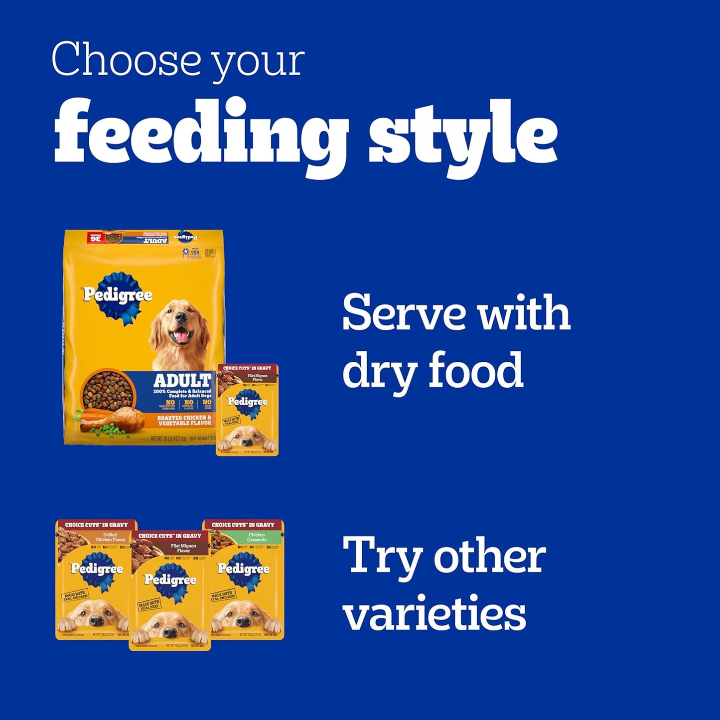 Pedigree Choice Cuts Sobres para Perro Adulto Sabores: Filet Mignon, Beef, Noodles & Vegetables, Hickory Smoked Chicken 30 Piezas 100g c/u