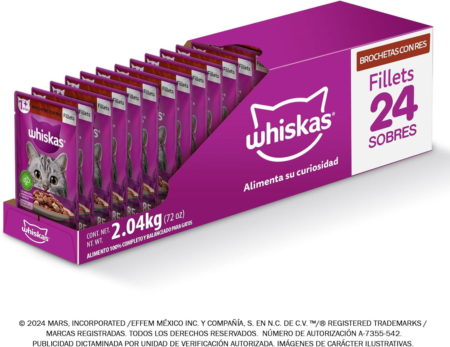 WHISKAS - Alimento Húmedo para Gatos, Sabor Brocheta, con Ingredientes Naturales, Calcio, Minerales, Vitamina A y Taurina, 85g c/u. Paquete de 24 Unidades